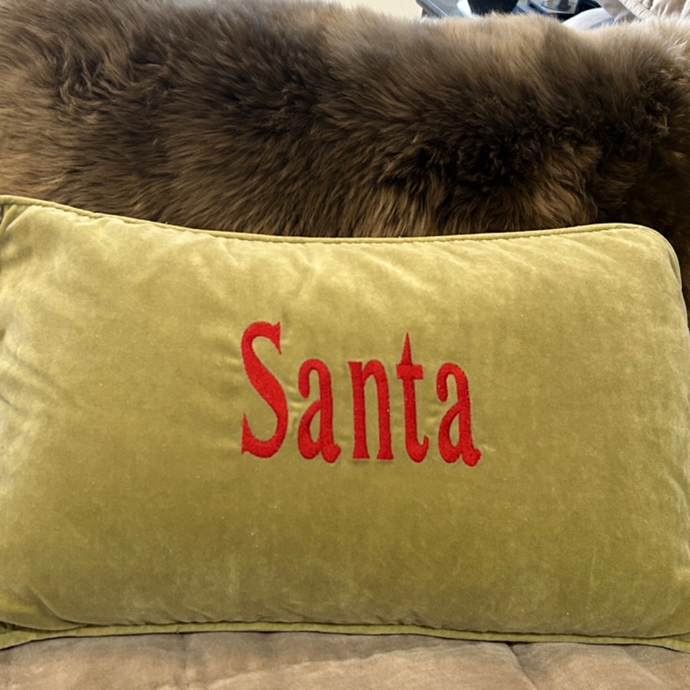 BALLARD DESIGN VELVET GREEN "SANTA" PILLOW COVER ONLY 11 X 20 IN CHRISTMAS